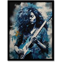 Artery8 Wall Art Print Woman Playing The Electric Guitar Acrylic Painting Female Blues Musician Splat Paint Portrait Music Art Framed