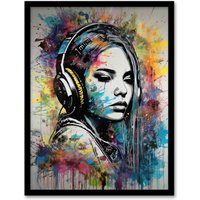Artery8 Wall Art Print Music Headphones Watercolour Grunge Emo Teen Bedroom Art Framed | Size: W12" x H16"