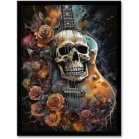 Artery8 Wall Art Print Guitar With Roses & Skull Conceptual Painting Electric Floral Melodic Metal Art Framed | Size: W12" x H16"