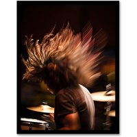Artery8 Wall Art Print Drummer Action Photograph Mid-Performance Hard Rock Drums Music Gig Musician Art Framed in Brown | Size: W12" x H16"