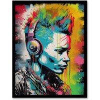 Artery8 Wall Art Print Punk Music Vibrant Artwork Young Man With Headphones Portrait Art Framed | Size: W12" x H16"