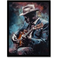 Artery8 Wall Art Print Ragtime Blues Watercolour Artwork Musician Playing Acoustic Guitar Portrait Painting Art Framed in Blue | Size: W12" x H16"