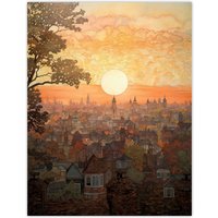 Artery8 Wall Art Print Sunset Over Oxford City Watercolour Painting Orange Pink Atmospheric Cityscape Poster | Size: W12" x H16"