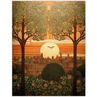 Artery8 Wall Art Print Art Nouveau Autumn Village Sunset Artwork Painting Poster in Orange | Size: W12" x H16"