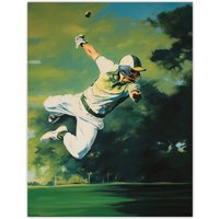 Artery8 Wall Art Print Cricket Match Outfield Diving Catch Watercolour Artwork For Him Fan Man Cave Poster in Green | Size: W12" x H16"