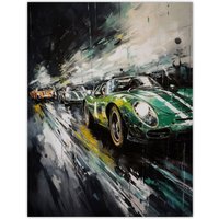 Artery8 Wall Art Print Classic Race Cars Night Scene British Racing Green Motorsport Fan For Him Man Cave Poster | Size: W12" x H16"