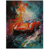 Artery8 Wall Art Print Red Classic Sports Car Oil Painting Colourful Sleek For Him Fan Man Cave Poster | Size: W12" x H16"