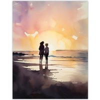 Artery8 Wall Art Print Mum & Me Watercolour Painting Mother & Daughter Dawn Morning Walk On The Beach Poster in Yellow | Size: W12" x H16"
