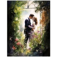 Artery8 Wall Art Print Stolen Kiss Watercolour Painting Secret Garden Lovers Kissing Among Flowers Bedroom Art Poster in Green | Size: W12" x H16"