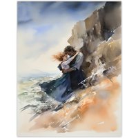 Artery8 Wall Art Print Couple Embrace In Dramatic Coastal Cliff Landscape Watercolour Painting Wuthering Heights Poster | Size: W12" x H16"