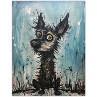 Artery8 Wall Art Print The Curious Black Dog Thick Oil Painting By Tom Jones Poster in Blue | Size: W12" x H16"
