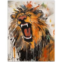 Artery8 Wall Art Print The Circus Lion Roars Painting By Tom Jones Poster in Orange | Size: W12" x H16"
