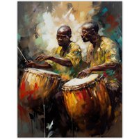 Artery8 Wall Art Print African Drum Players Oil Painting Orange Yellow Blue Drummer Beat Traditional Music Songs Poster | Size: W12" x H16"