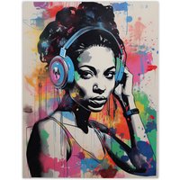 Artery8 Wall Art Print Woman Wearing Headphones Splat Art Colourful Painting Wall Mural Detail Baltimore Club Music Poster | Size: W12" x H16"