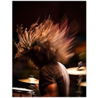 Artery8 Wall Art Print Drummer Action Photograph Mid-Performance Hard Rock Drums Music Gig Musician Poster in Brown | Size: W12" x H16"