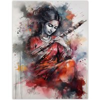 Artery8 Wall Art Print Woman Playing Classical Indian Folk Music Watercolour Artwork Ragini Musician Portrait Poster in Grey | Size: W12" x H16"