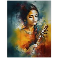 Artery8 Wall Art Print Woman Playing Classical Indian Folk Music Watercolour Painting Ragini Musician Portrait Poster | Size: W12" x H16"
