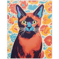 Artery8 Wall Art Print The Cat & The Carnations Bold Vibrant Screen Burmese Cat & Flower Floral Risograph Artwork Retro Riso Interior Design Poster
