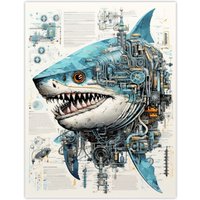Artery8 Wall Art Print Weapons Grade Shark Robot Hybrid Secret Military Schematic Blue Futuristic Complex Arcane Manuscript Gift For Him Man Cave