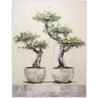 Artery8 Wall Art Print Japan Bonsai Trees In Pots Oil Painting Pallet Knife Neutral Tone Textured Tree Artwork Poster | Size: W18" x H24"