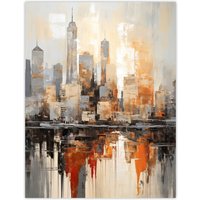 Artery8 Wall Art Print Manhattan Skyline Oil Painting By M Hinge Geometric Heavy Palette Knife NYC Skyscraper Artwork Poster | Size: W18" x H24"
