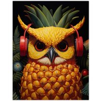 Artery8 Wall Art Print Pineapple Owl Bold Vibrant Rich Red Gold & Green Artwork Kitchen Retro Interior Design Poster | Size: W24" x H32"