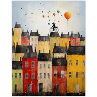 Artery8 Wall Art Print Cycling The Rooftops Celebration Whimsical Fun Townscape Artwork Painting Poster | Size: W24" x H32"