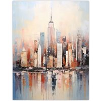 Artery8 Wall Art Print Manhattan Skyscraper Reflections Oil Painting By M Hinge Thick Oils Subtle Pastel Colours Artwork Poster | Size: W24" x H32"