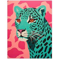 Artery8 Wall Art Print Modern Aqua Green Leopard On Pink Pop Art Style Risograph Artwork Painting Poster | Size: W24" x H32"