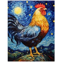 Artery8 Waiting For The Dawn Rooster Cockerel In Van Gogh Starry Night Style Unframed Wall Art Print Poster Home Decor Premium | Size: W24" x H32"