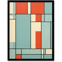 Artery8 Wall Art Print Piet Mondrian Inspired Teal & Coral Abstract Geometry Artwork Art Framed in Black | Size: A4