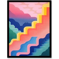 Artery8 Wall Art Print Stairway To Heaven Colourful Abstract Risograph Screen Art Framed in Black | Size: A4
