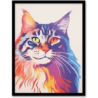 Artery8 Maine Coon Cat Risograph Bright Orange Purple Blue Screenprint Artwork Riso Interior Design Art Print Framed Poster Wall Decor | Size: A4