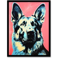 Artery8 Wall Art Print German Shepherd Coral Teal Bold Vibrant Screen Risograph Artwork Spot Block Colour Duotone Retro Riso Interior Design Blue