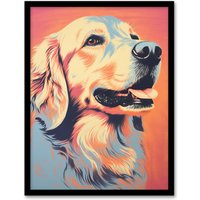 Artery8 Wall Art Print Golden Retriever Dog Pastel Tone Screen Risograph Artwork Spot Block Colour Duotone Retro Riso Interior Design Art Framed