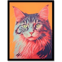 Artery8 Wall Art Print Maine Coon Cat Screen Risograph Artwork Spot Block Colour Duotone Retro Riso Interior Design Art Framed in Black | Size: A4