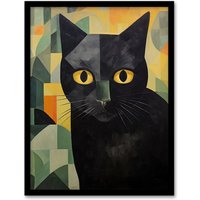 Artery8 My Name Is Geoff By Alex Robins Black Cat Art Deco Geometric Art Print Framed Poster Wall Decor | Size: A4