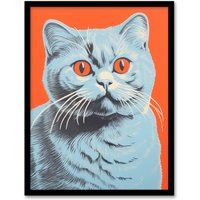 Artery8 Teal & Coral Cat Screen Print Risograph Artwork Spot Block Colour Duotone Retro Riso Interior Design Scottish Fold Cat Art Print Framed