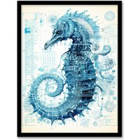Artery8 Wall Art Print Seahorse Robot Hybrid Schematic Blue Futuristic Secret Complex Arcane Manuscript Gift For Him Man Cave Art Framed | Size: A4