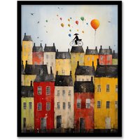 Artery8 Wall Art Print Cycling The Rooftops Celebration Whimsical Fun Townscape Artwork Painting Art Framed in Black | Size: A4