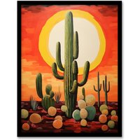 Artery8 Desert Cactus At Noon Artwork Painting White Hot Sun Red Yellow South America La Guajira Art Print Framed Poster Wall Decor | Size: A4