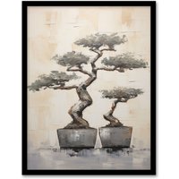 Artery8 Japan Bonsai Trees Oil Painting Pallet Knife Neutral Grey Tone Textured Artwork Art Print Framed Poster Wall Decor in Black | Size: A4