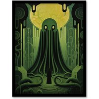 Artery8 The Rise Of Cthulhu H.P. Lovecraft Mythos Horror Madness Artwork Painting Art Print Framed Poster Wall Decor in Black | Size: A4