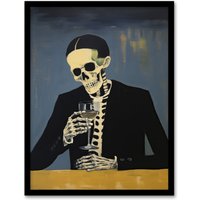 Artery8 Drowning My Sorrows By Ryan Ramirez Skeleton Bones Halloween Artwork Painting Art Print Framed Poster Wall Decor in Black | Size: A4