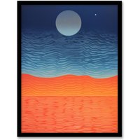 Artery8 Sahara Moonrise Coral Orange On Blue Serene Landscape Art Print Framed Poster Wall Decor in Black | Size: W12" x H16"