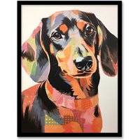 Artery8 Patchwork Pastel Dachshund Collage Artwork Papercraft Art Print Framed Poster Wall Decor in Black | Size: W12" x H16"