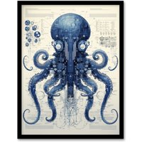 Artery8 Wall Art Print Octopus Robot Hybrid Schematic Blue Futuristic Secret Complex Arcane Manuscript Gift For Him Man Cave Art Framed