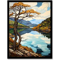 Artery8 Loch Tay Near Killin Scotland Elegant Autumn Fall Artwork Painting Art Print Framed Poster Wall Decor in Black | Size: W12" x H16"