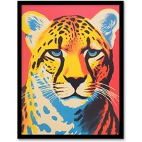 Artery8 Modern Cheetah Duotone Coral Yellow Orange Bright Risograph Artwork Painting Art Print Framed Poster Wall Decor in Black | Size: W12" x H16"