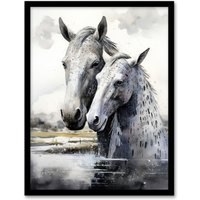 Artery8 Wall Art Print The Kelpies Reimagined Watercolour Artwork Myth Legend Scotland Celtic Art Framed in Black | Size: W12" x H16"
